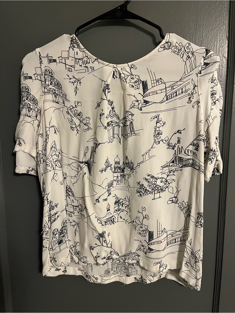 French Connection White Short Sleeve Scenic Print Blouse